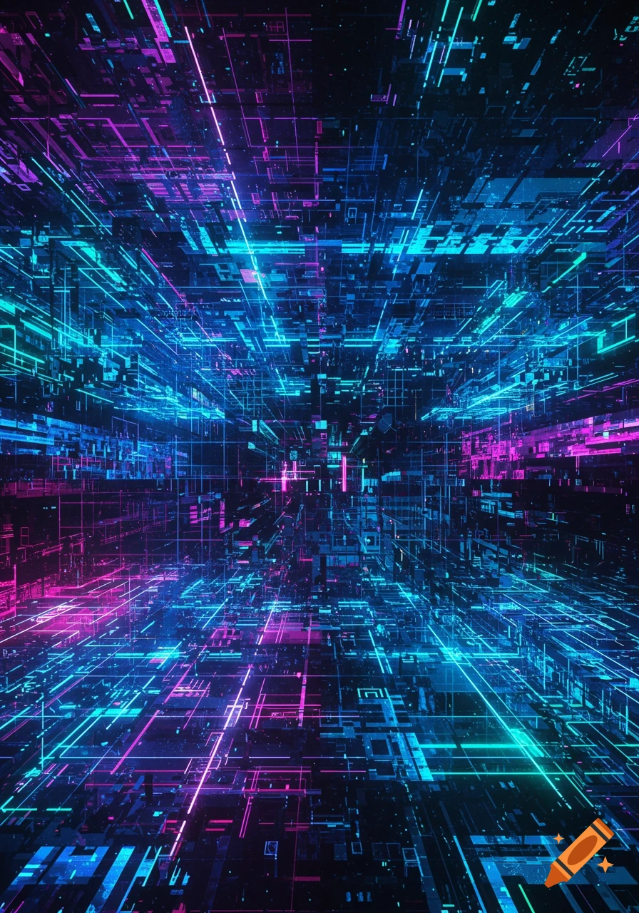 Abstract digital artwork of a complex network of glowing blue and magenta lines and geometric shapes, resembling a futuristic circuit.