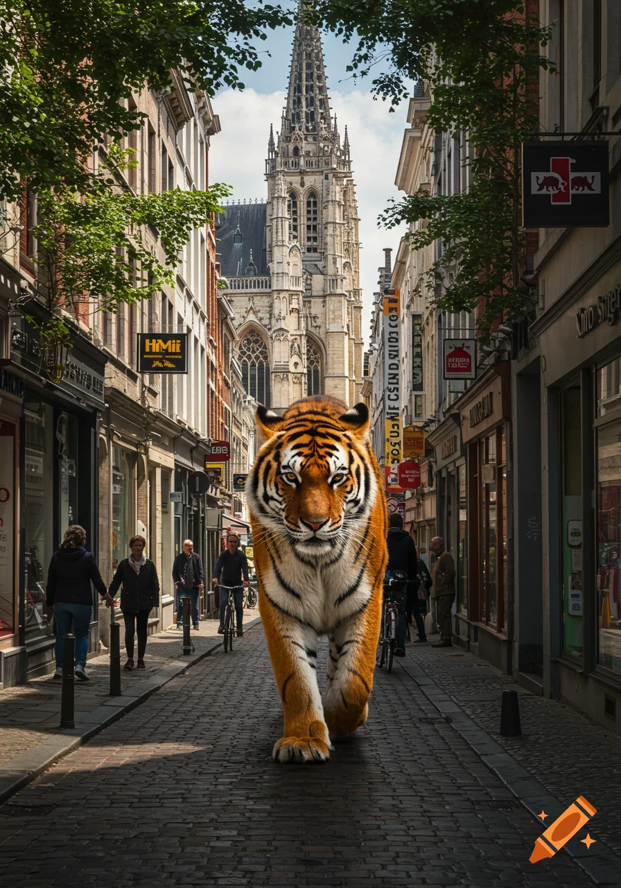 A photorealistic tiger walks down a cobblestone street lined with old buildings and shops, with a tall gothic church spire in the background.