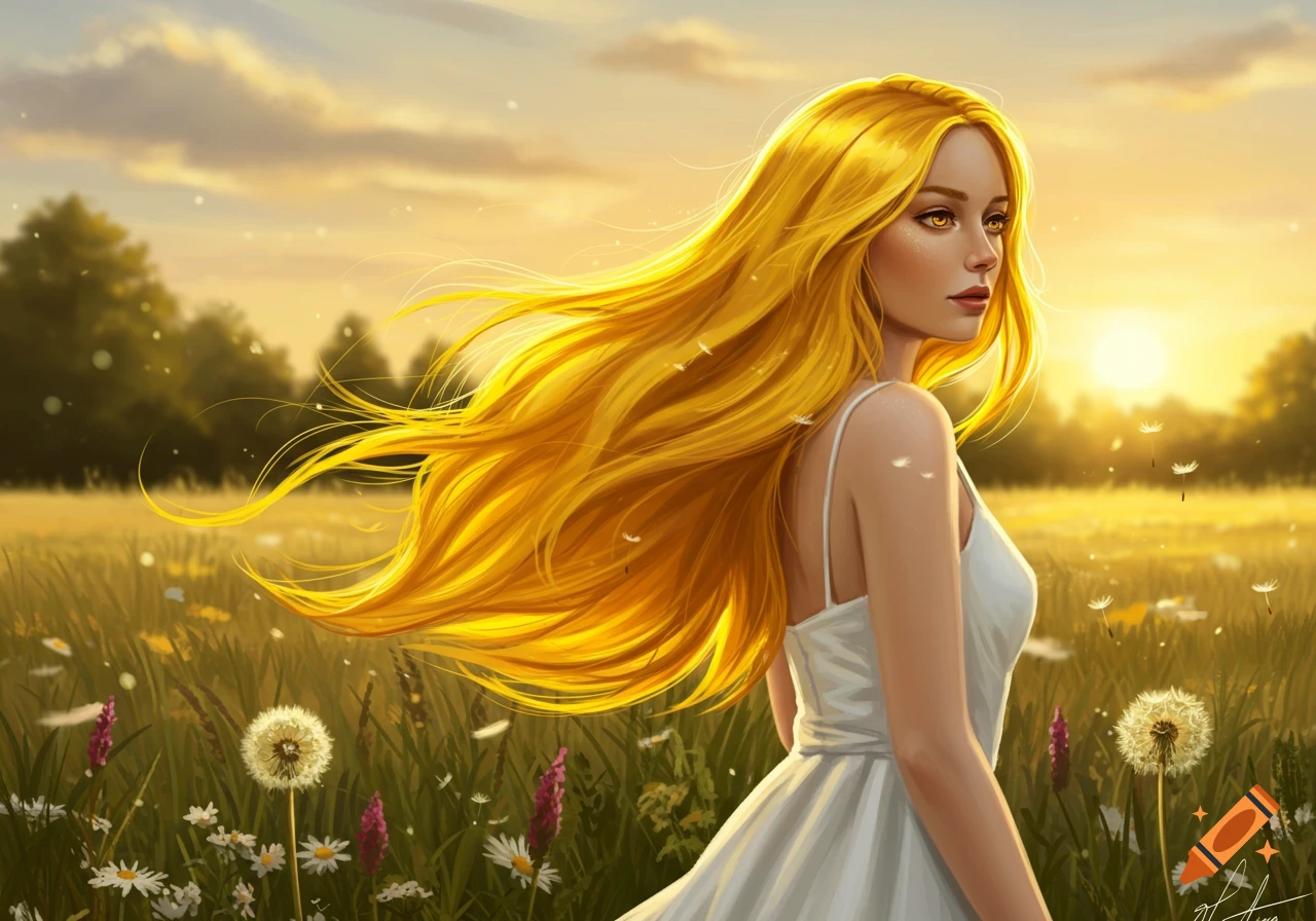 Digital painting of a woman with long, glowing golden hair in a white dress, standing in a field at sunset.