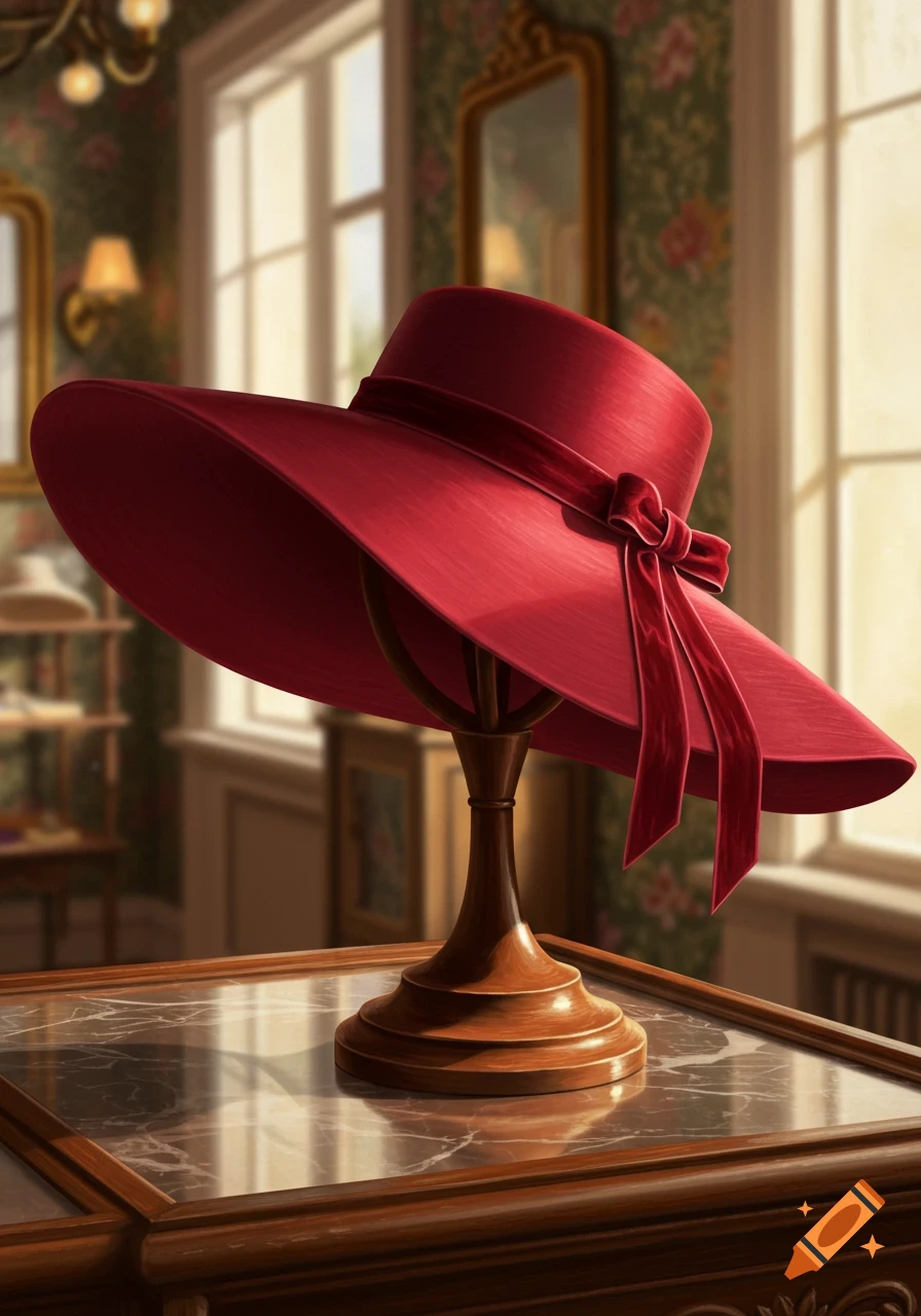 A wide-brimmed red hat with a velvet ribbon and bow, displayed on a wooden stand on a marble table in a softly lit room.