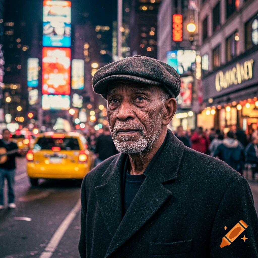 A close-up portrait of an elderly man with a beard and flat cap, looking directly forward on a busy, brightly lit city street at night with a yellow taxi in the background, photorealistic style.