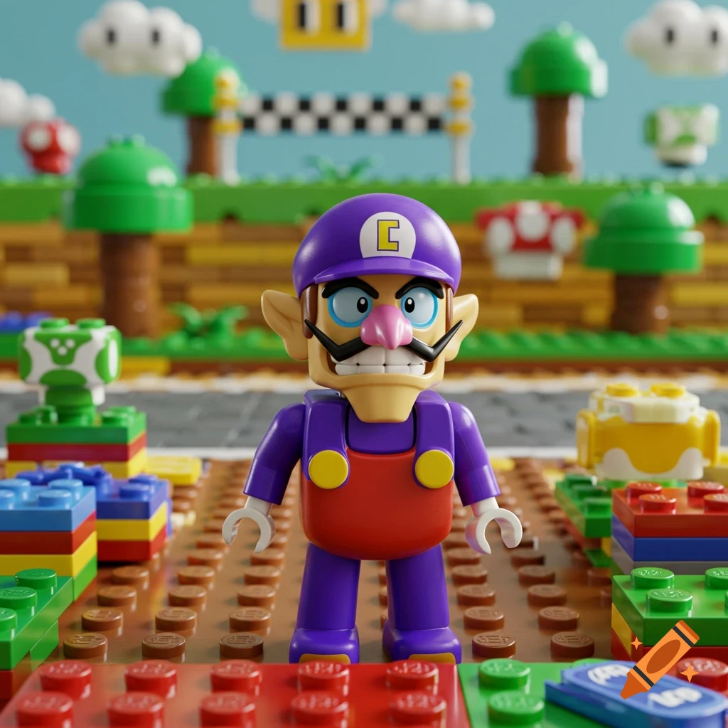 A Lego minifigure of Waluigi with a 'C' on his hat, standing on a brown Lego baseplate amidst a Super Mario-themed Lego landscape.