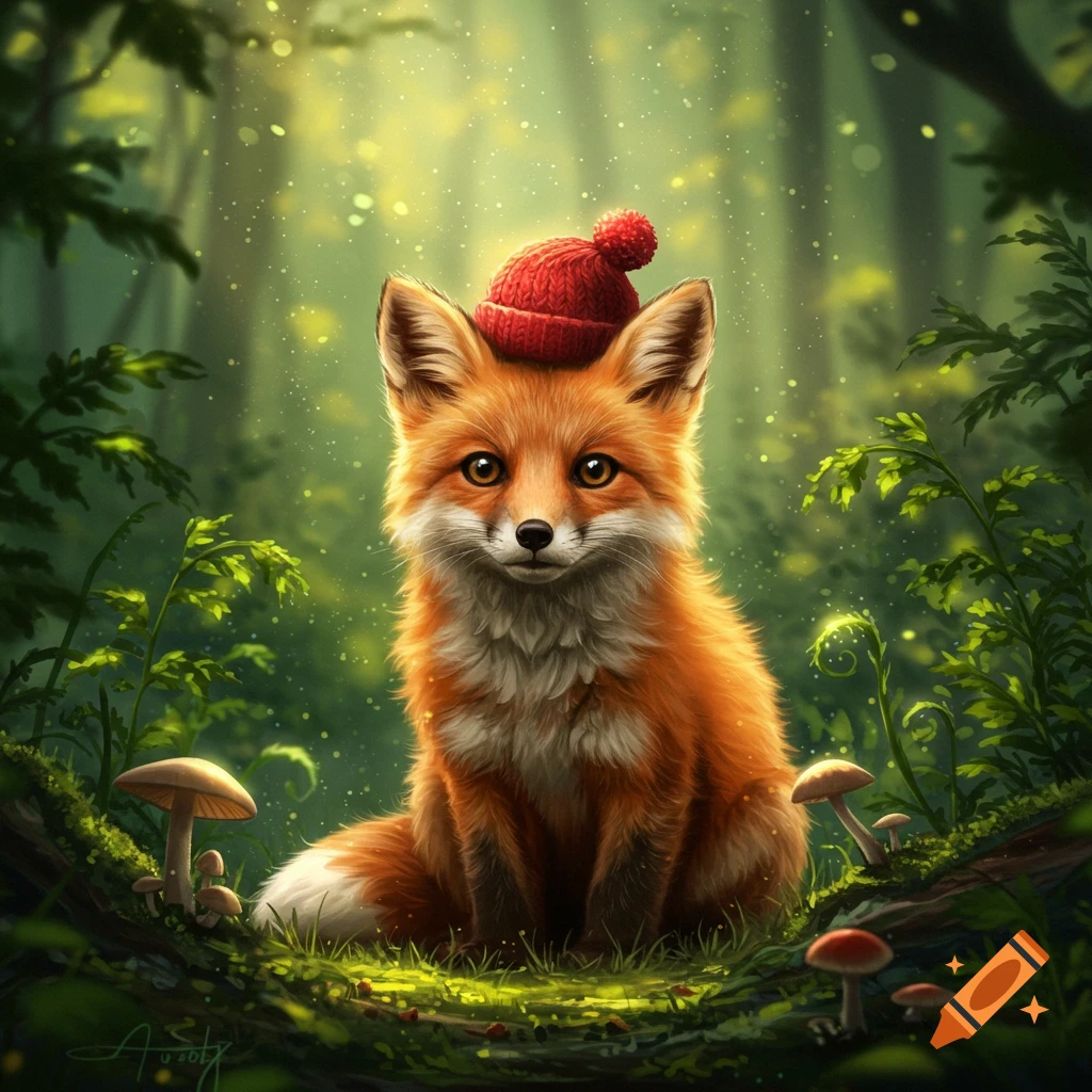 A cute fox with a red knit hat sits in a magical forest with glowing mushrooms and soft light.