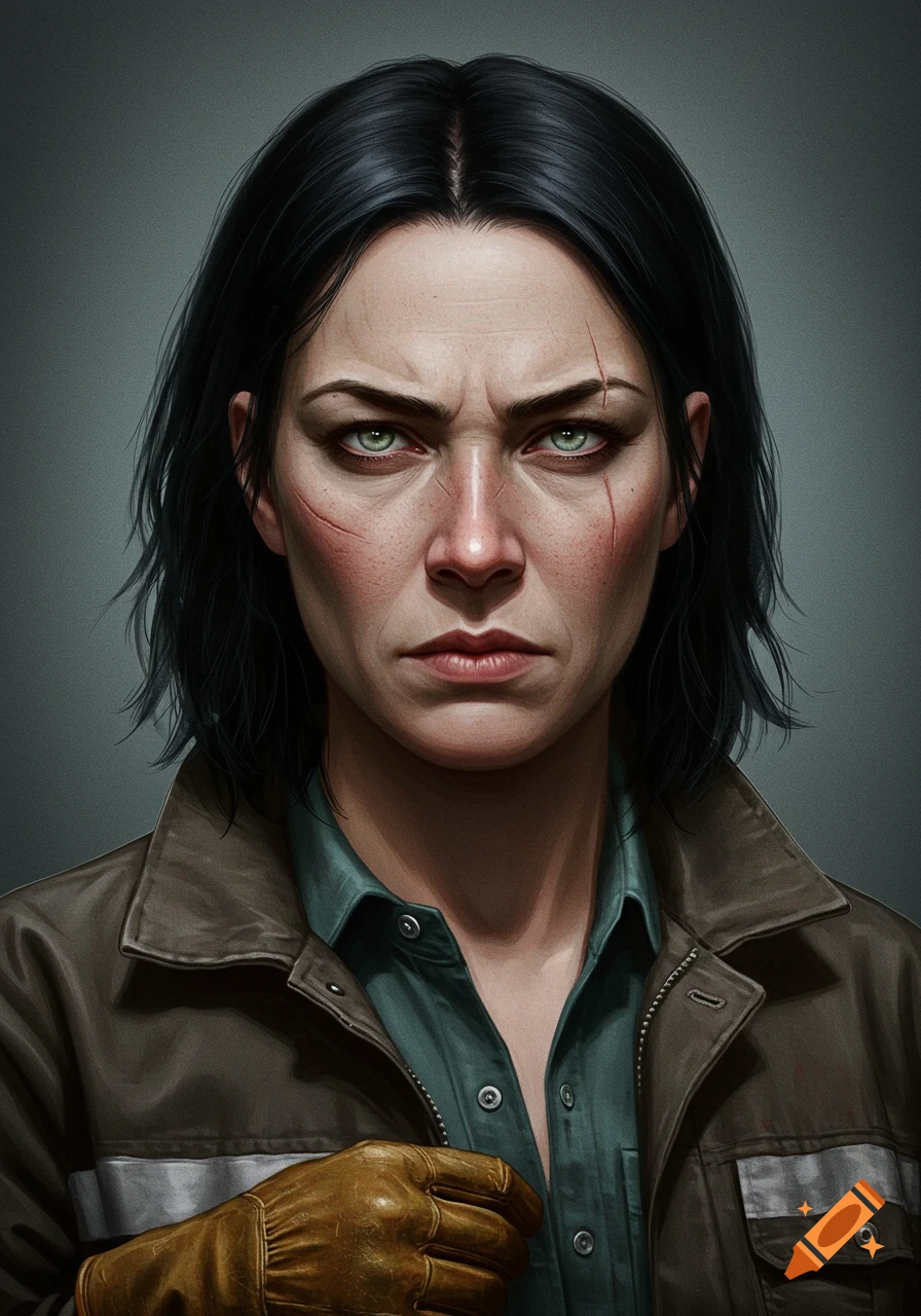 Realistic portrait of a stern woman with dark hair, green eyes, and facial scars, wearing a work jacket and glove.