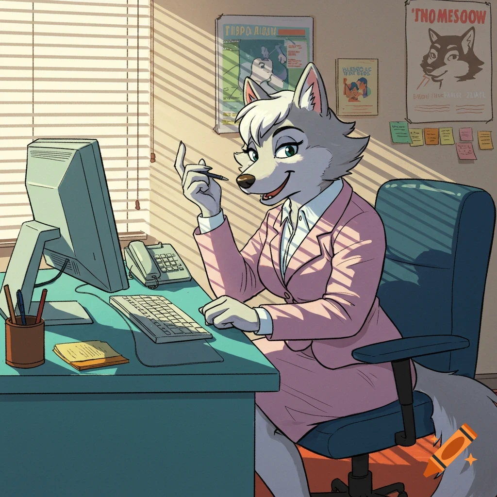 A female cartoon wolf in a pink business suit sits at a 2000s-style office desk with a computer and phone, holding a pen.
