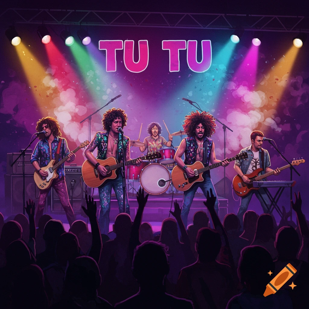 A vibrant illustration of a band named TU TU performing on stage for a cheering crowd, with colorful spotlights.