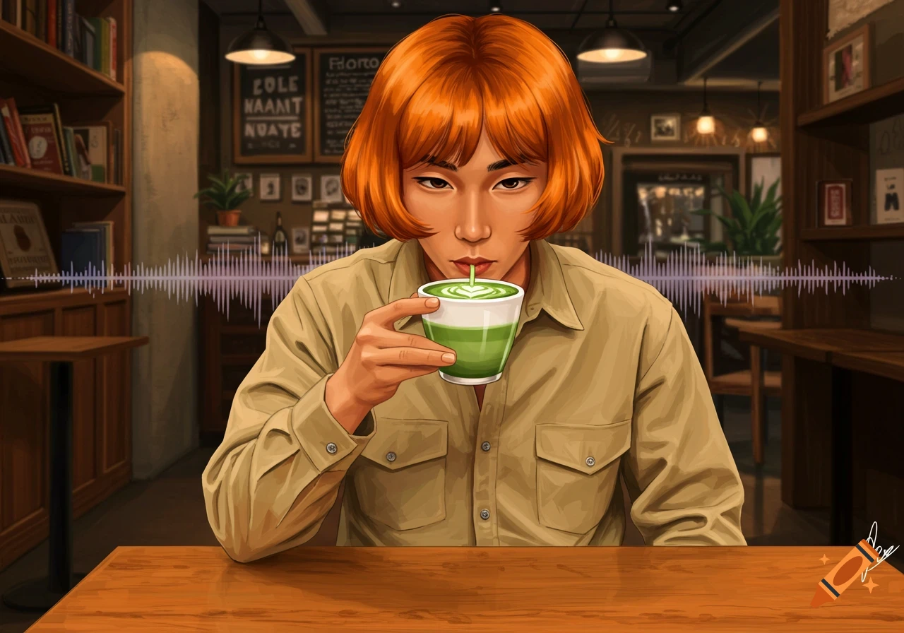 A person with orange bob hair drinks a matcha latte at a wooden table in a coffee shop, illustrated in digital art style.