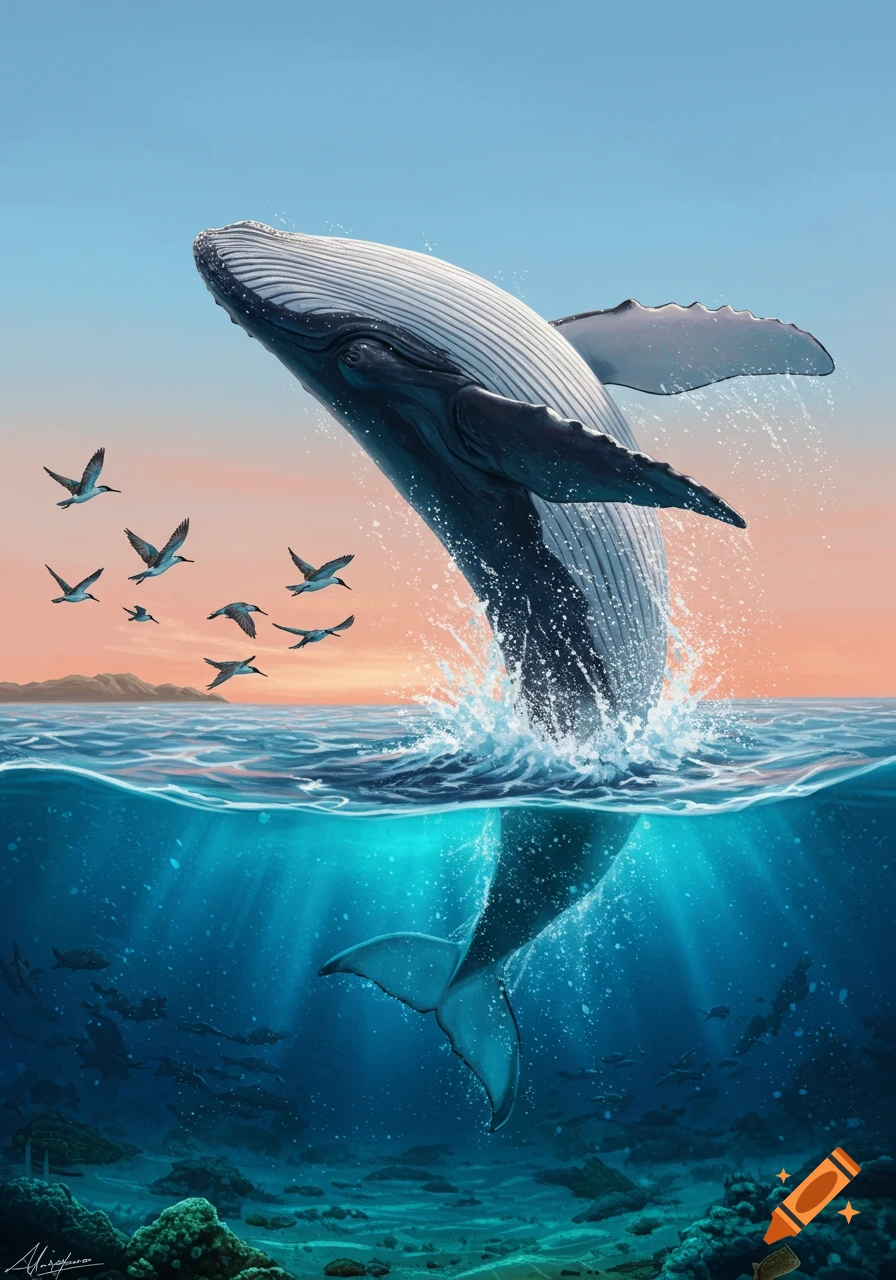 A humpback whale breaches from the blue ocean, with birds flying, and an underwater view of coral and fish under a vibrant sunset sky.