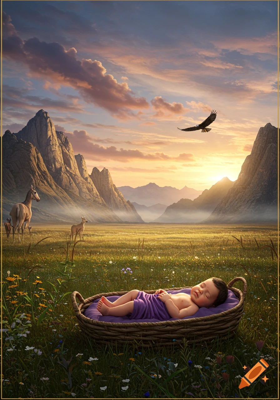 A photorealistic image of a sleeping baby in a basket in a grassy mountain valley at sunset, with deer and an eagle flying overhead.