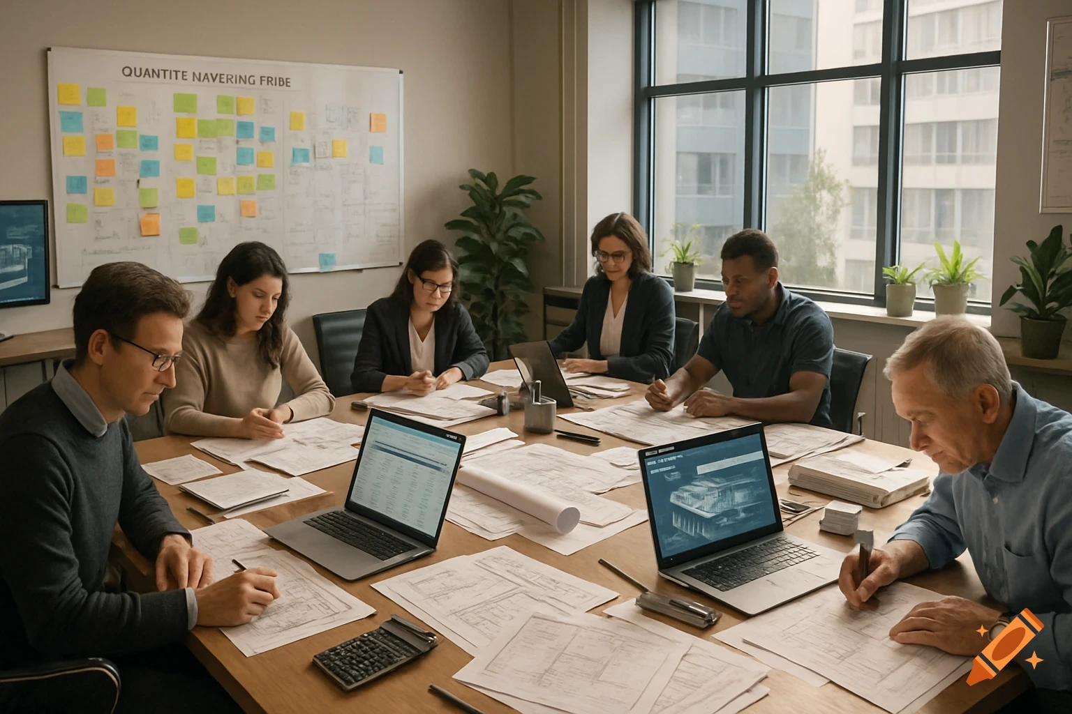 A group of professionals in a business meeting, seated at a table with laptops and blueprints, working on cost planning.