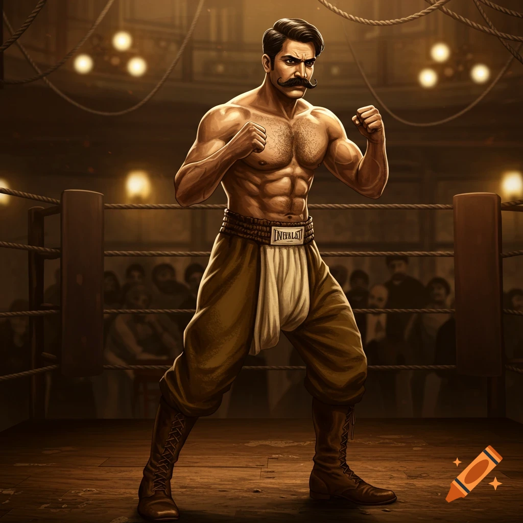 A muscular man with a handlebar mustache in old-timey boxing gear poses in a boxing ring under dramatic lighting.