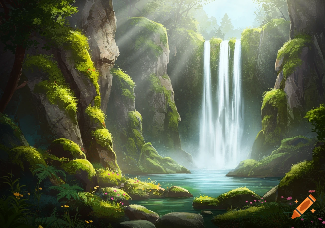 A lush, vibrant forest landscape with a tall, majestic waterfall cascading into a clear pool surrounded by mossy rocks and trees.