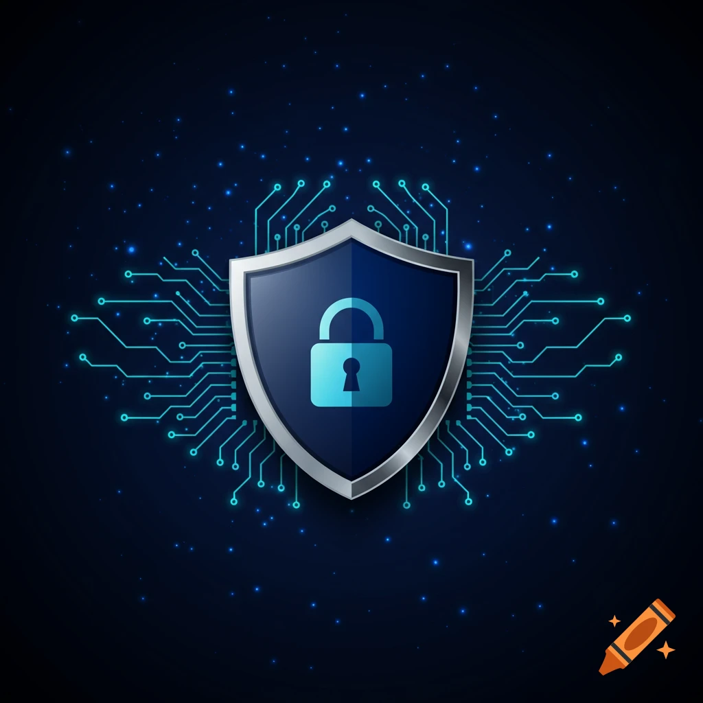 A metallic shield with a light blue padlock icon, surrounded by glowing teal circuit board lines and blue light particles on a dark background.