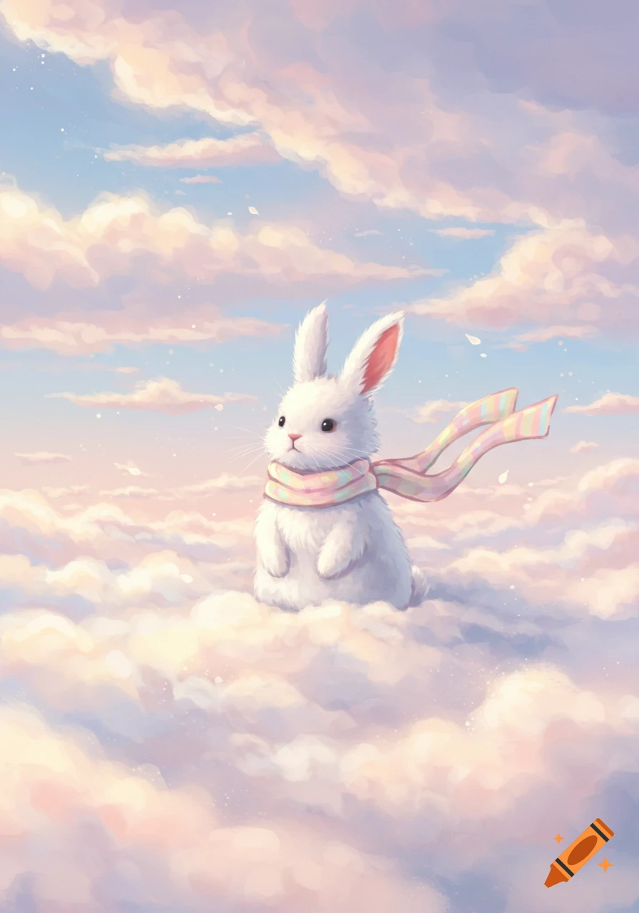 A cute white bunny wearing a pastel striped scarf sits in fluffy pink and blue clouds, in a whimsical illustration style.