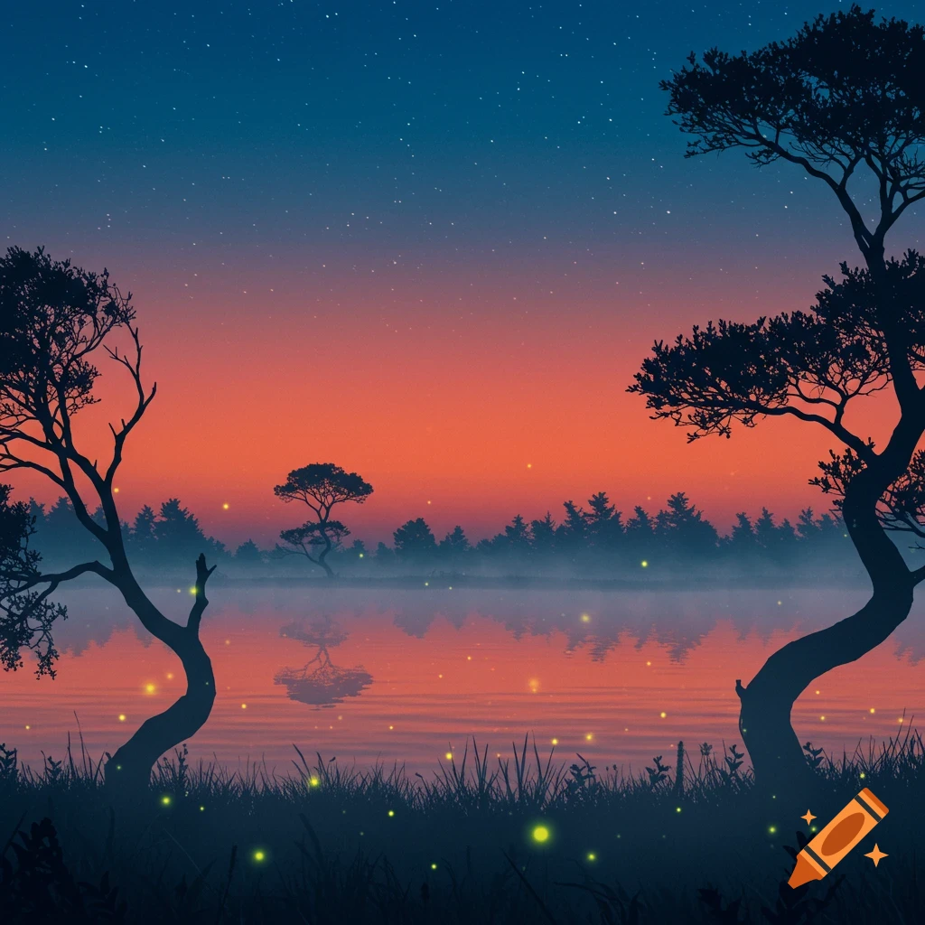 Stylized twilight landscape with silhouetted trees, a calm lake reflecting the orange and blue sky, and glowing fireflies.