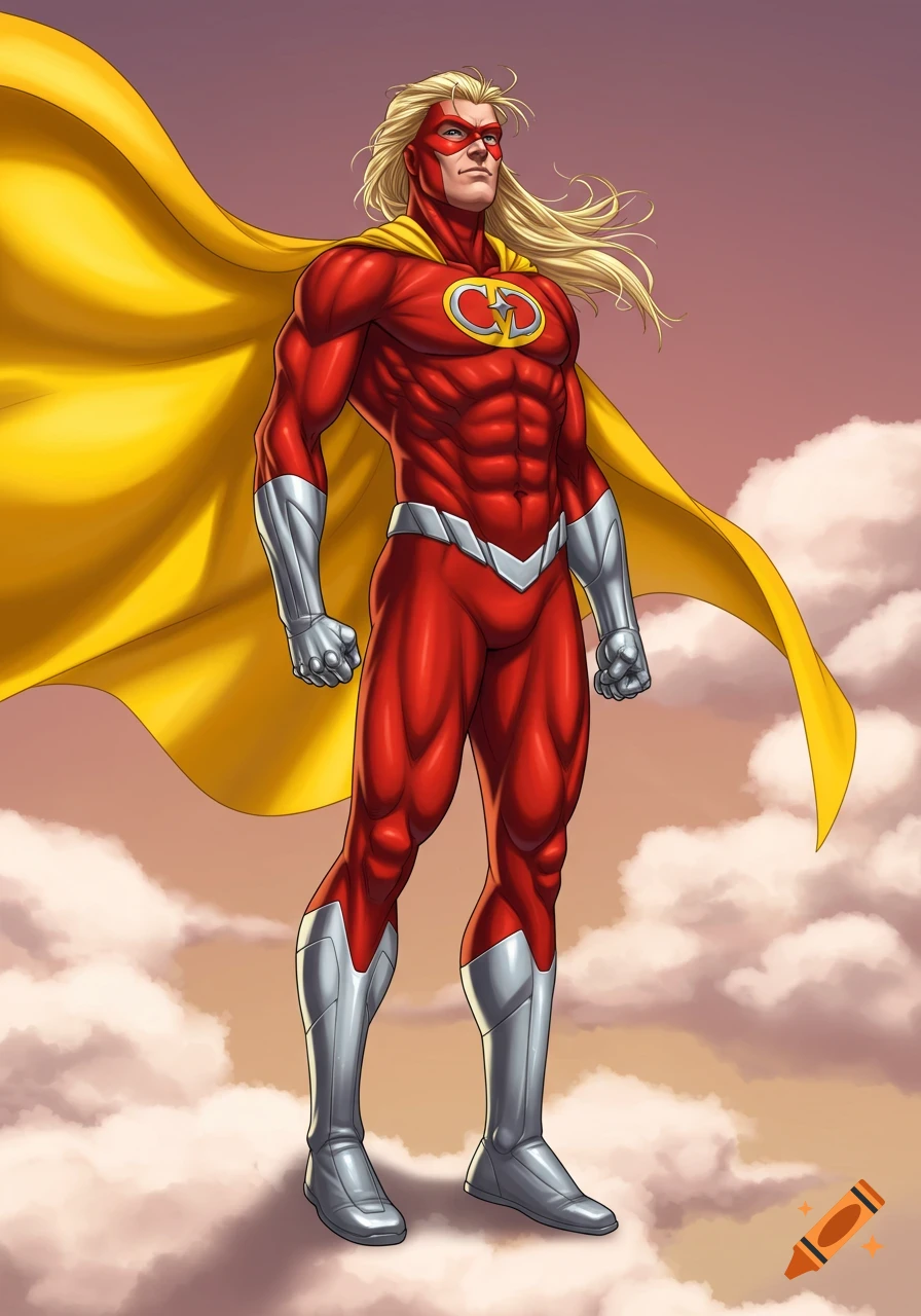 A muscular male superhero in a red suit, mask, and yellow cape stands against a cloudy sky, with long blonde hair and a chest symbol.
