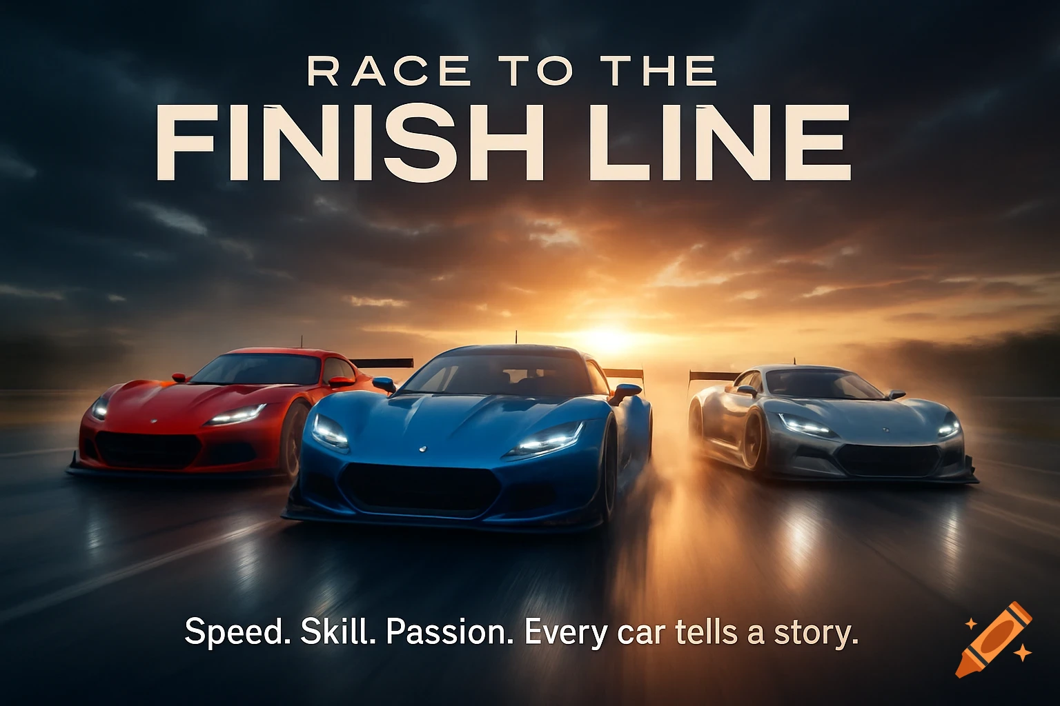 Three sports cars, red, blue, and silver, race down a track at sunset under a dramatic sky with a title and tagline.