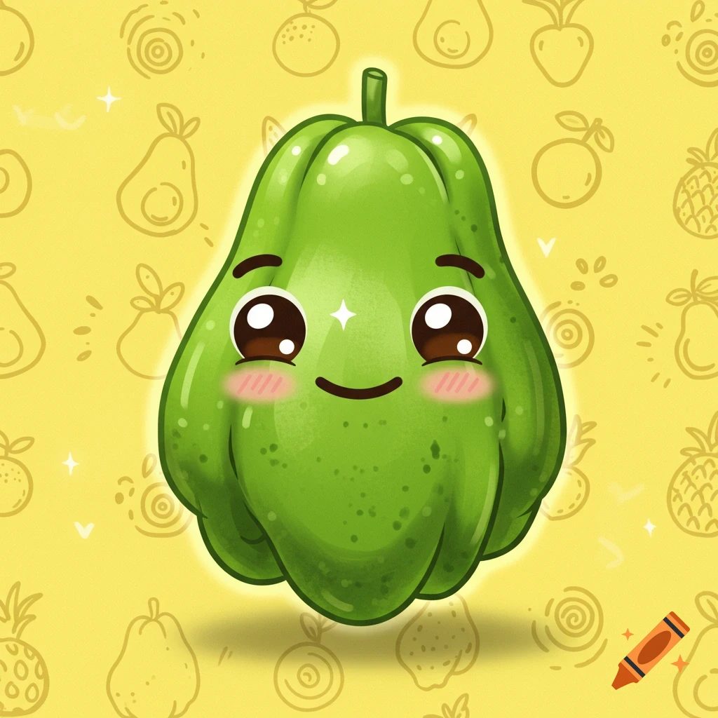 A cute, green, cartoon chayote with a happy emoticon face and rosy cheeks on a yellow background with fruit doodles.