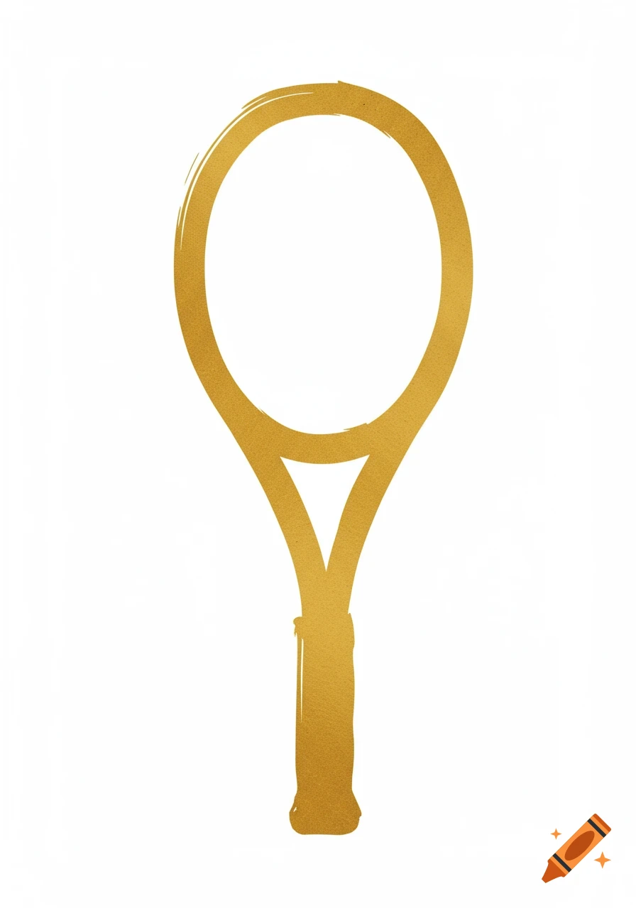 A minimalist, stylized golden tennis racket with a fluid brushstroke texture on a white background.