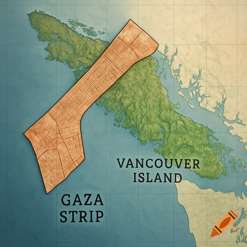 A stylized map overlaying the wood-textured shape of the Gaza Strip onto the green landmass of Vancouver Island.