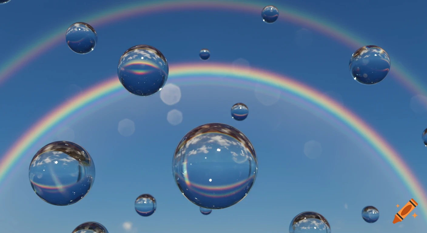 Photorealistic image of transparent glass spheres floating in a clear blue sky with a double rainbow.