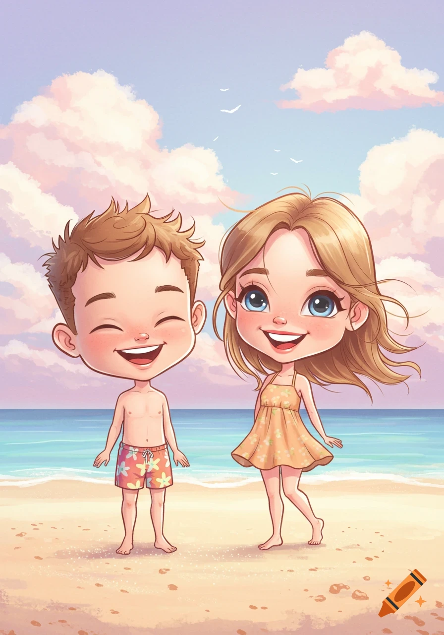 A smiling cartoon boy in swim trunks and a girl in a sundress stand on a sandy beach with a pastel sky.