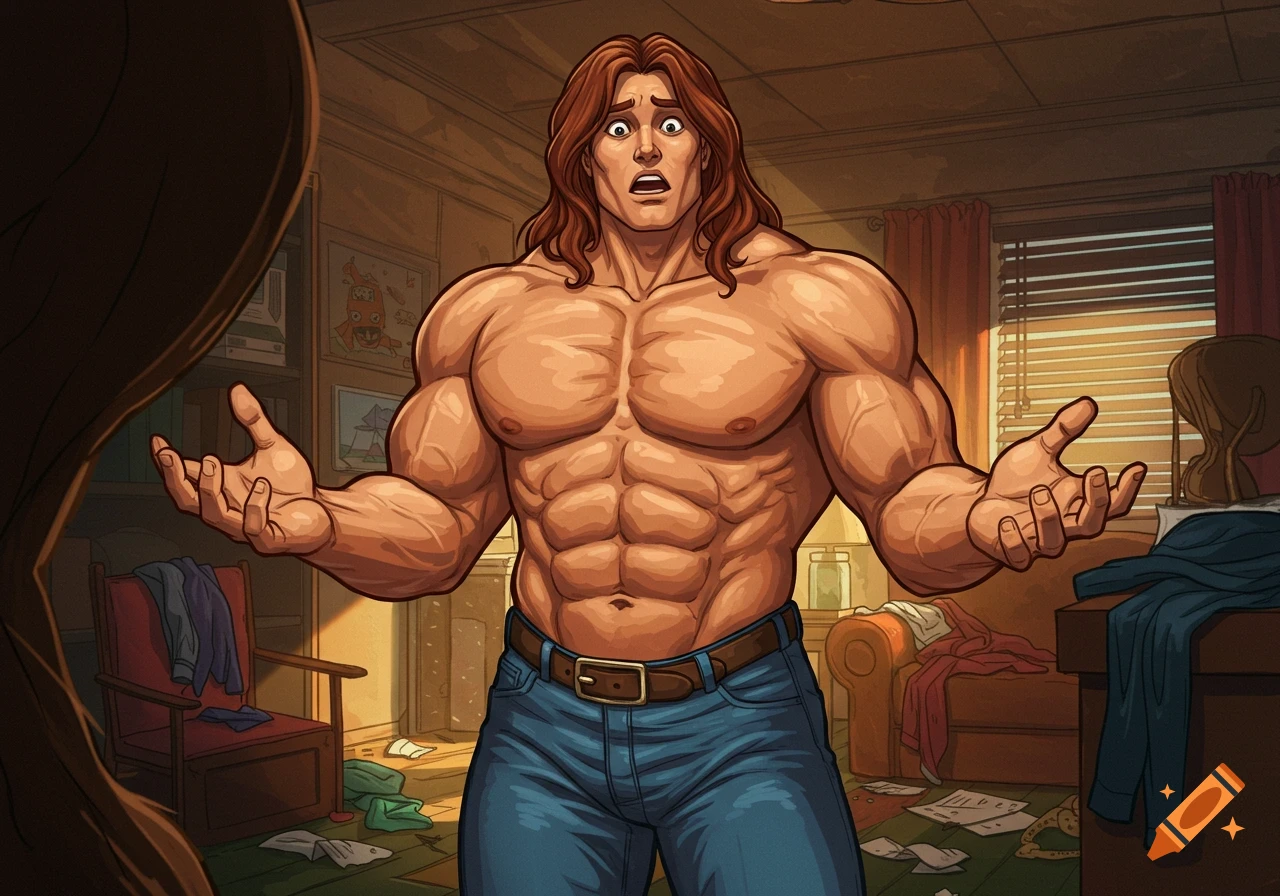 A shocked, muscular man with long brown hair stands shirtless in a messy, cluttered room, hands outstretched in a cartoon style.