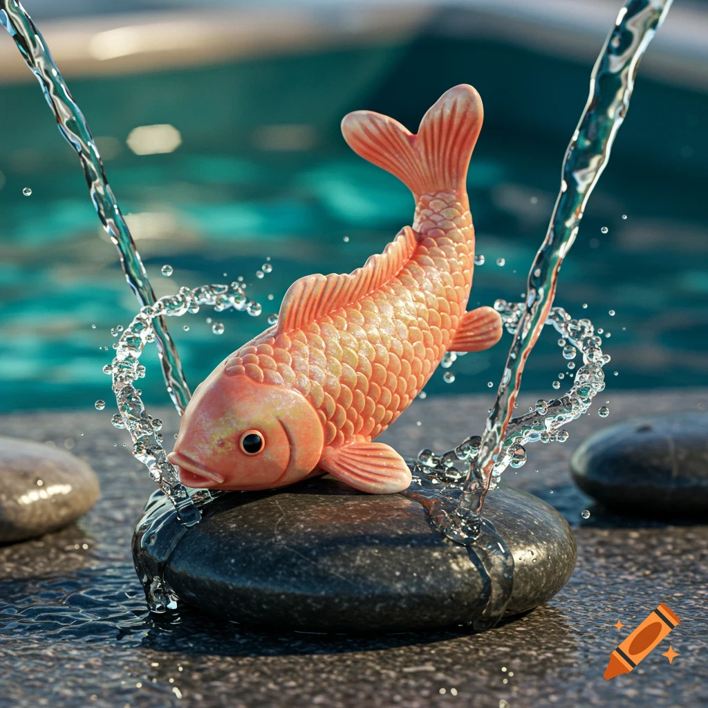 A salmon-colored ceramic fish rests on a wet dark rock, water splashing around it, with a blurred turquoise pool background.