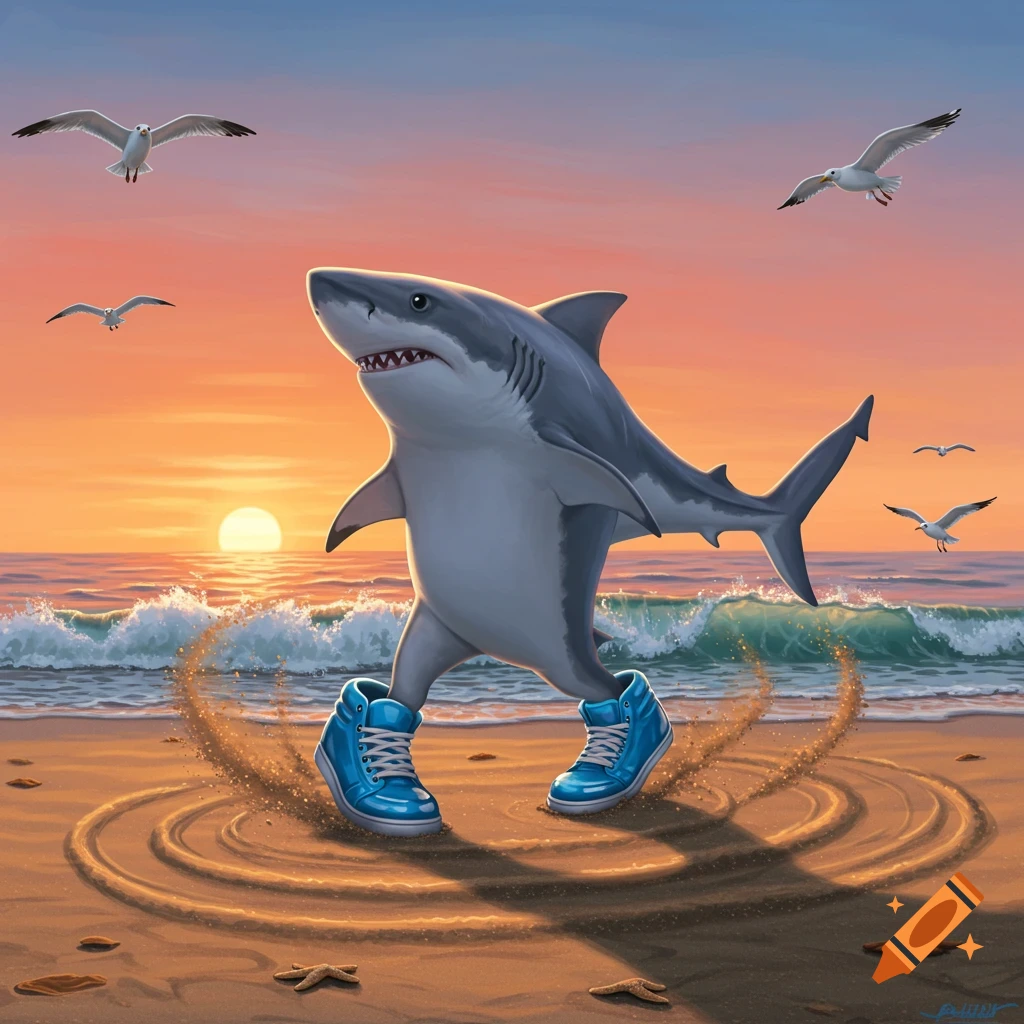 A cartoon shark wearing blue high-top sneakers walks on a sandy beach at sunset, with ocean waves and flying seagulls.