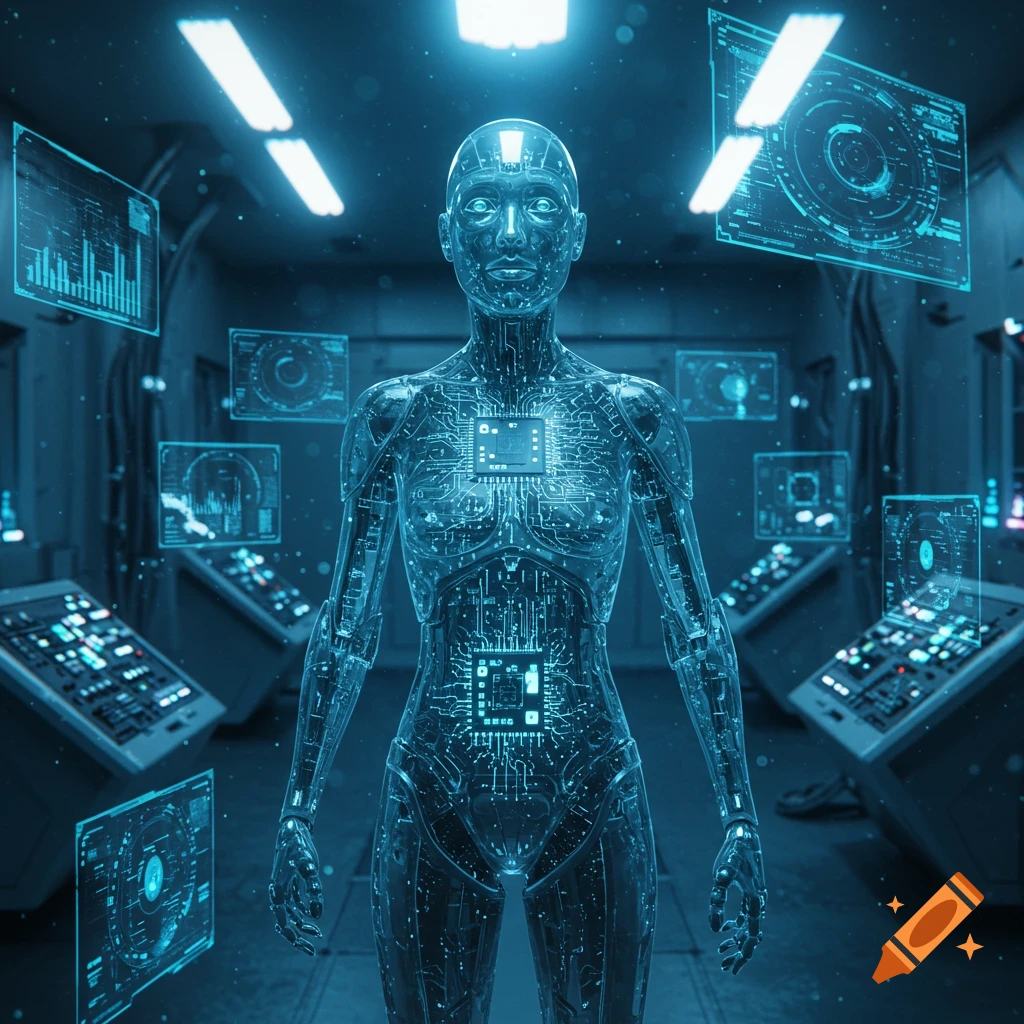 A translucent humanoid figure composed of glowing blue circuits stands in a futuristic control room with holographic data screens.