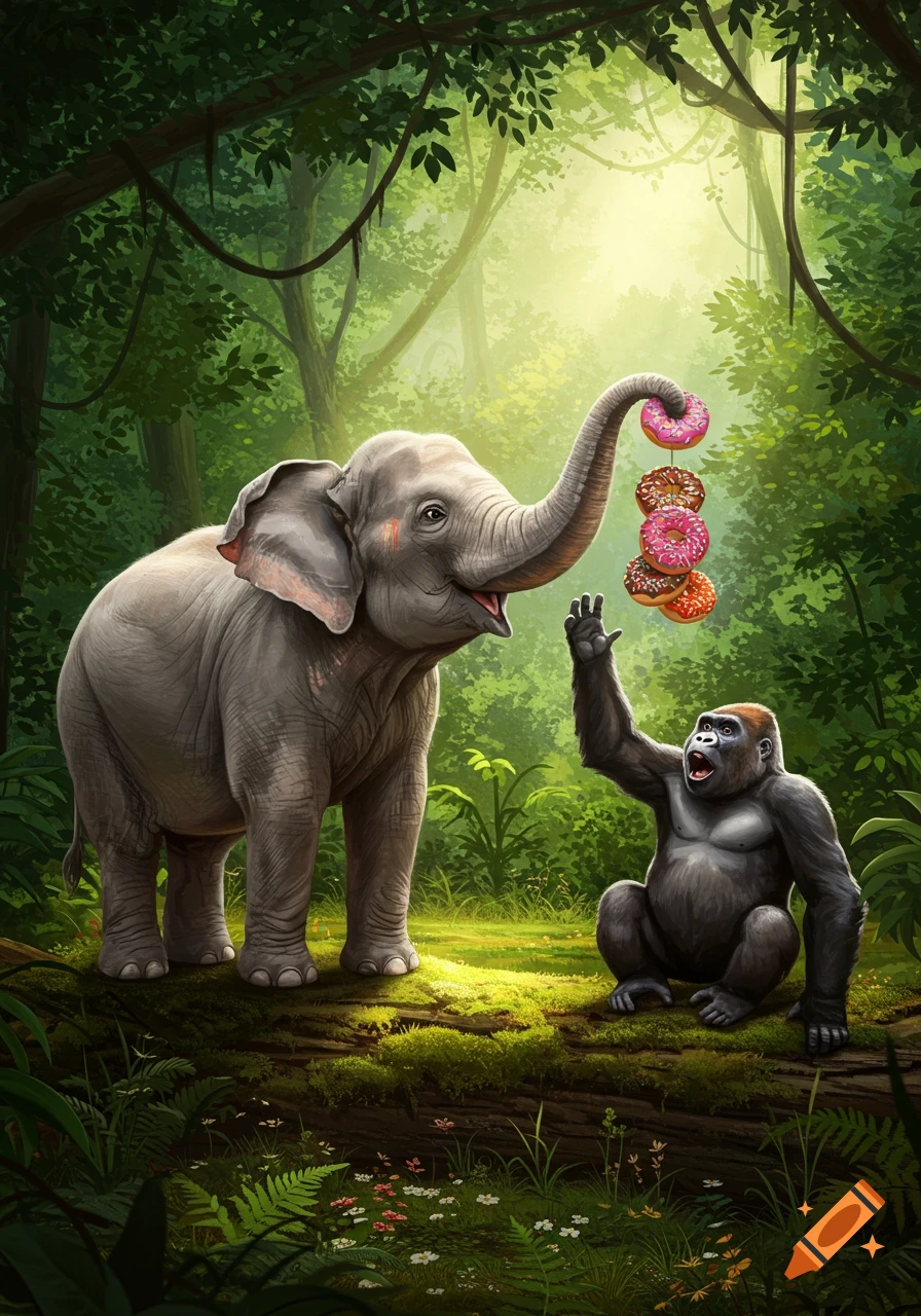 A friendly elephant offers a stack of colorful donuts to an excited gorilla in a vibrant, lush jungle. Cartoon style.