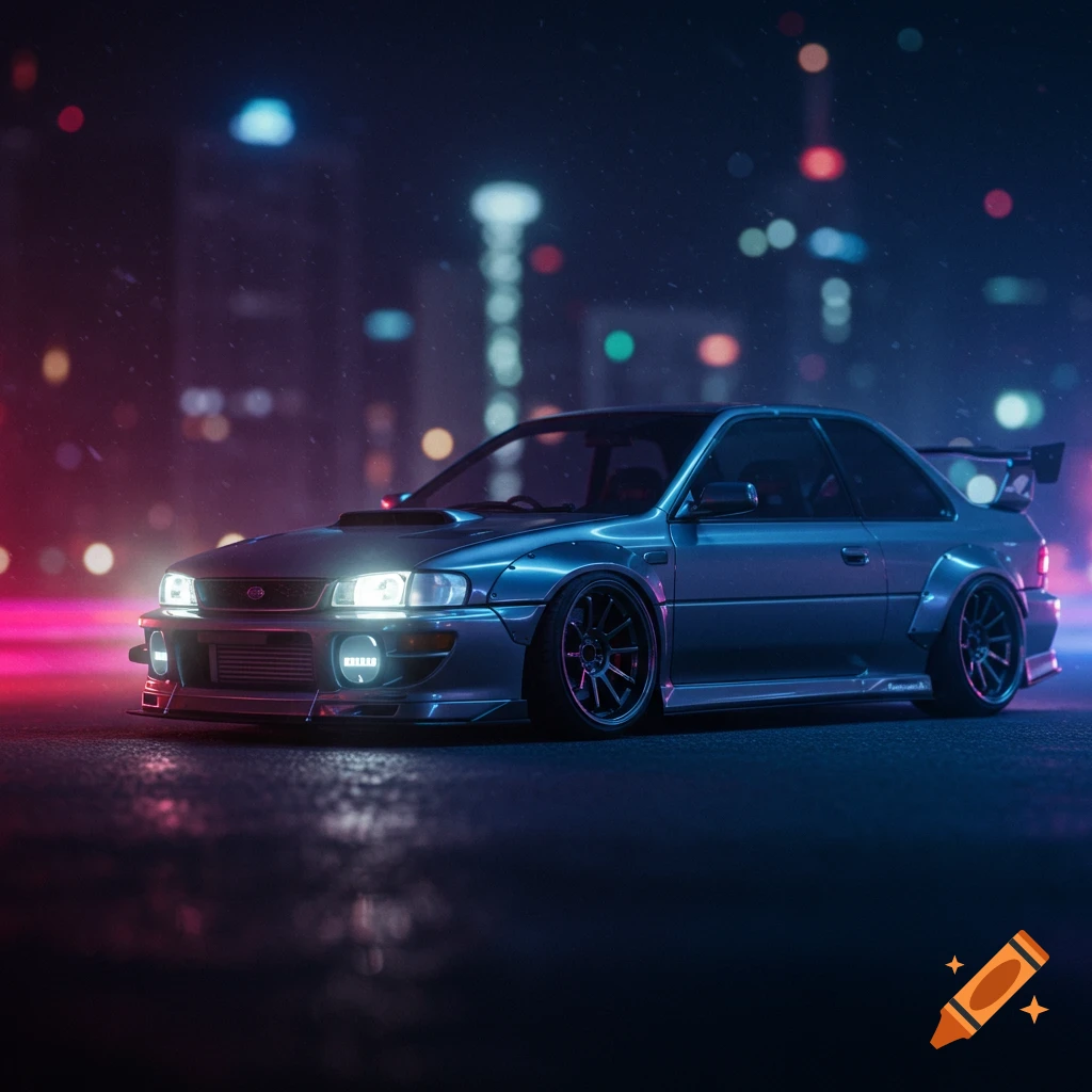 A modified Subaru Impreza GC8 with a wide body kit on a wet street at night, bathed in neon lights.