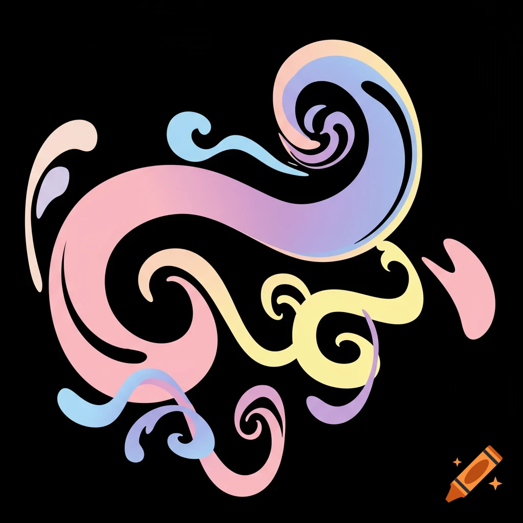 Abstract pastel swirls and curls in various shapes on a black background.
