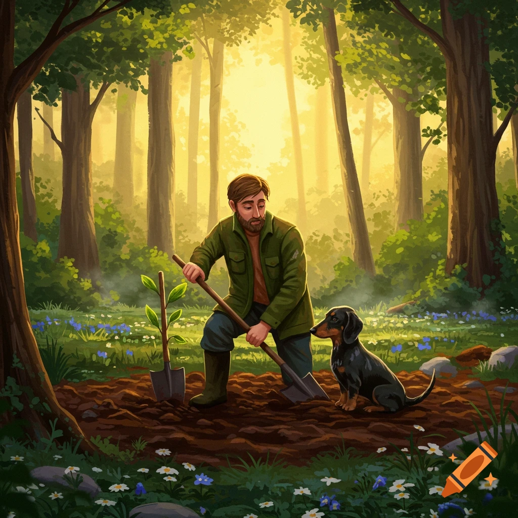 An illustration of a man planting a small tree with a shovel in a sunlit forest, a dachshund dog sits beside him.