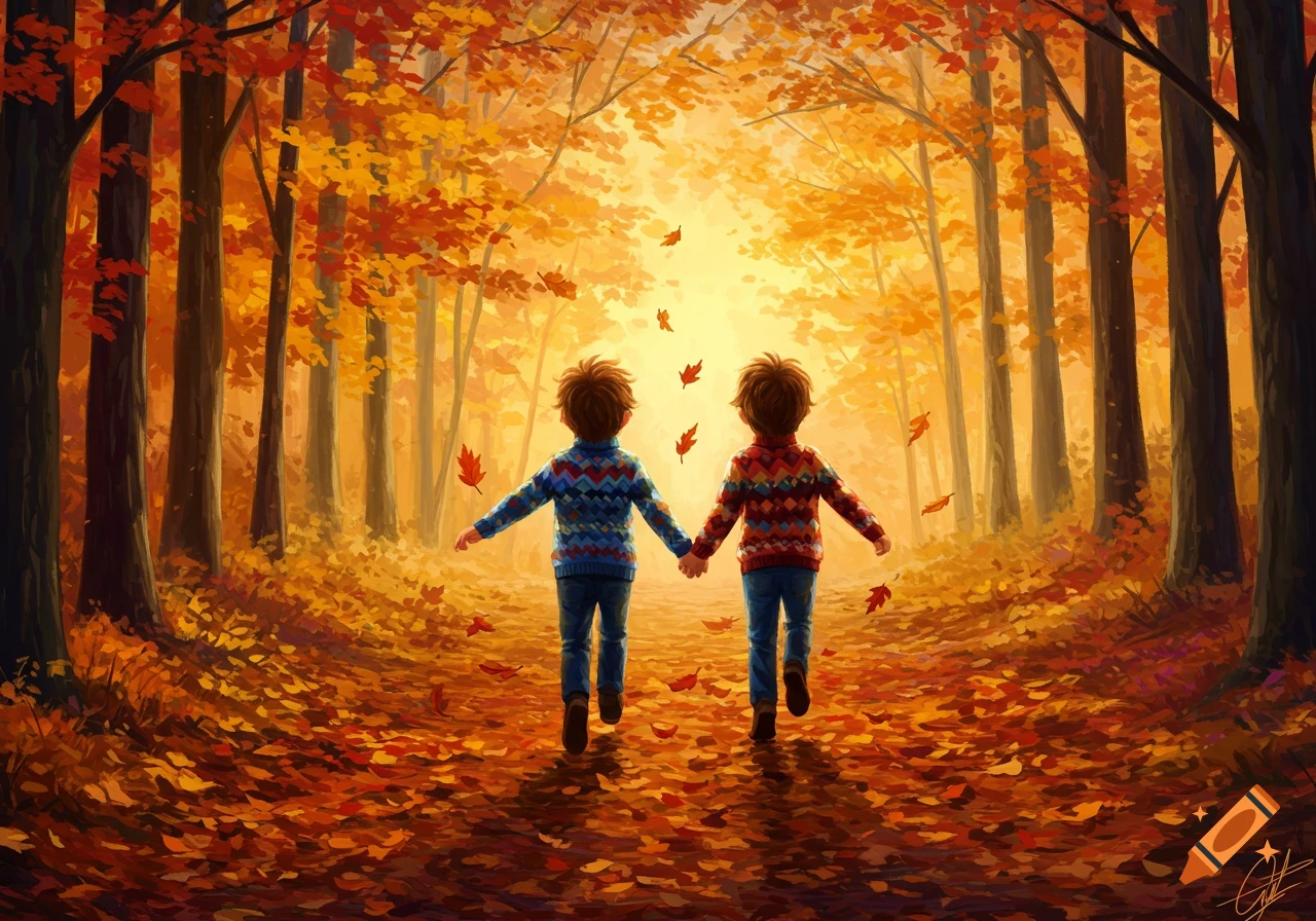 Two young boys holding hands, running on an autumn forest path with falling orange leaves, in a vibrant illustration style.