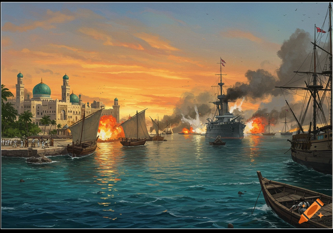 A dramatic painting of a 19th-century naval battle at sunset, with warships firing near a Middle Eastern port city.
