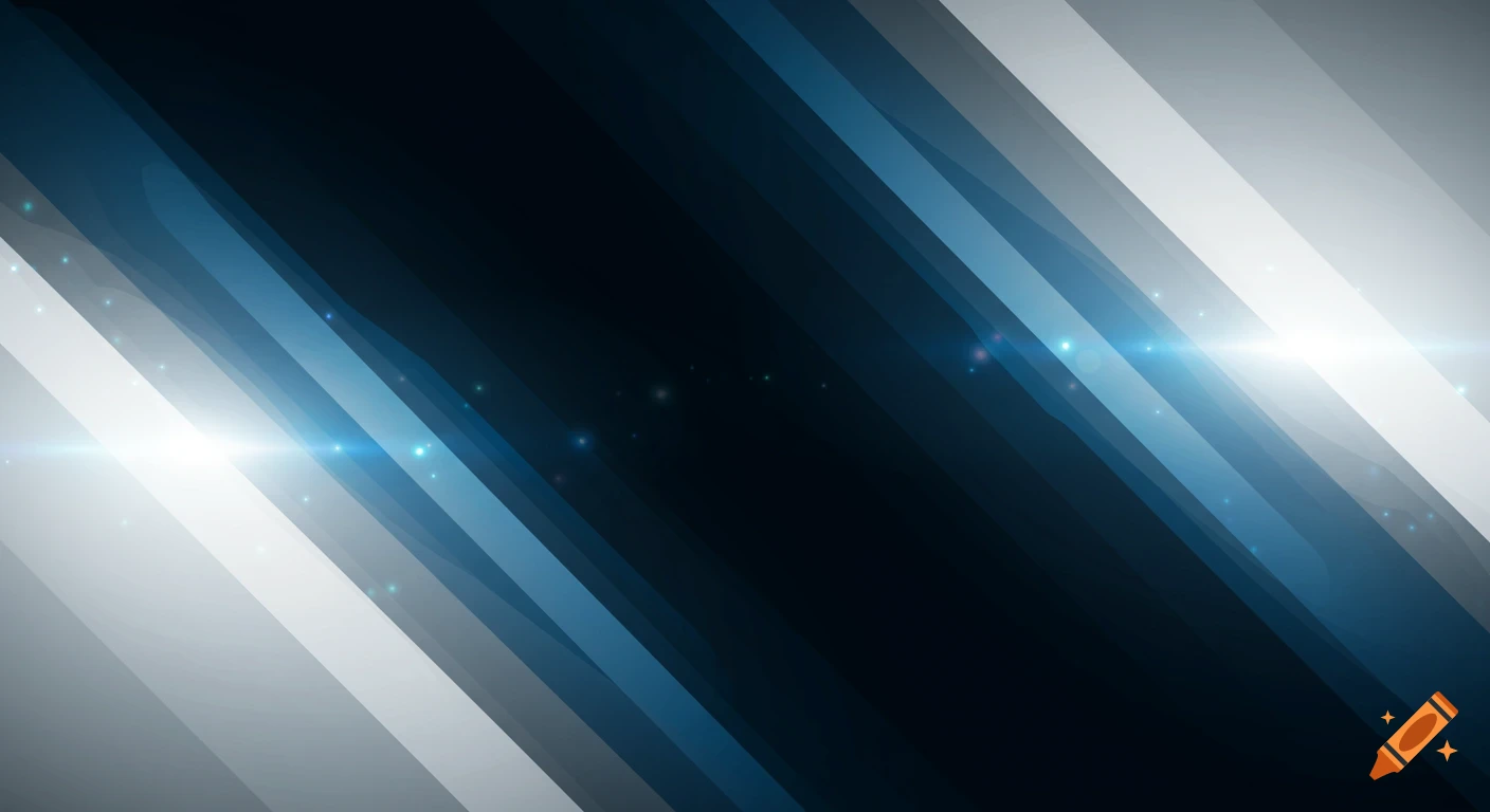 Abstract background with diagonal blue, dark, and white stripes, featuring bright light flares.
