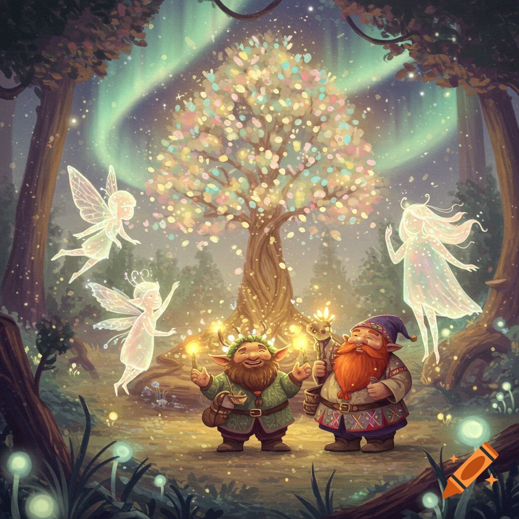 Two gnomes gaze at translucent fairies flying around a glowing, sparkling tree in a magical forest under aurora lights.