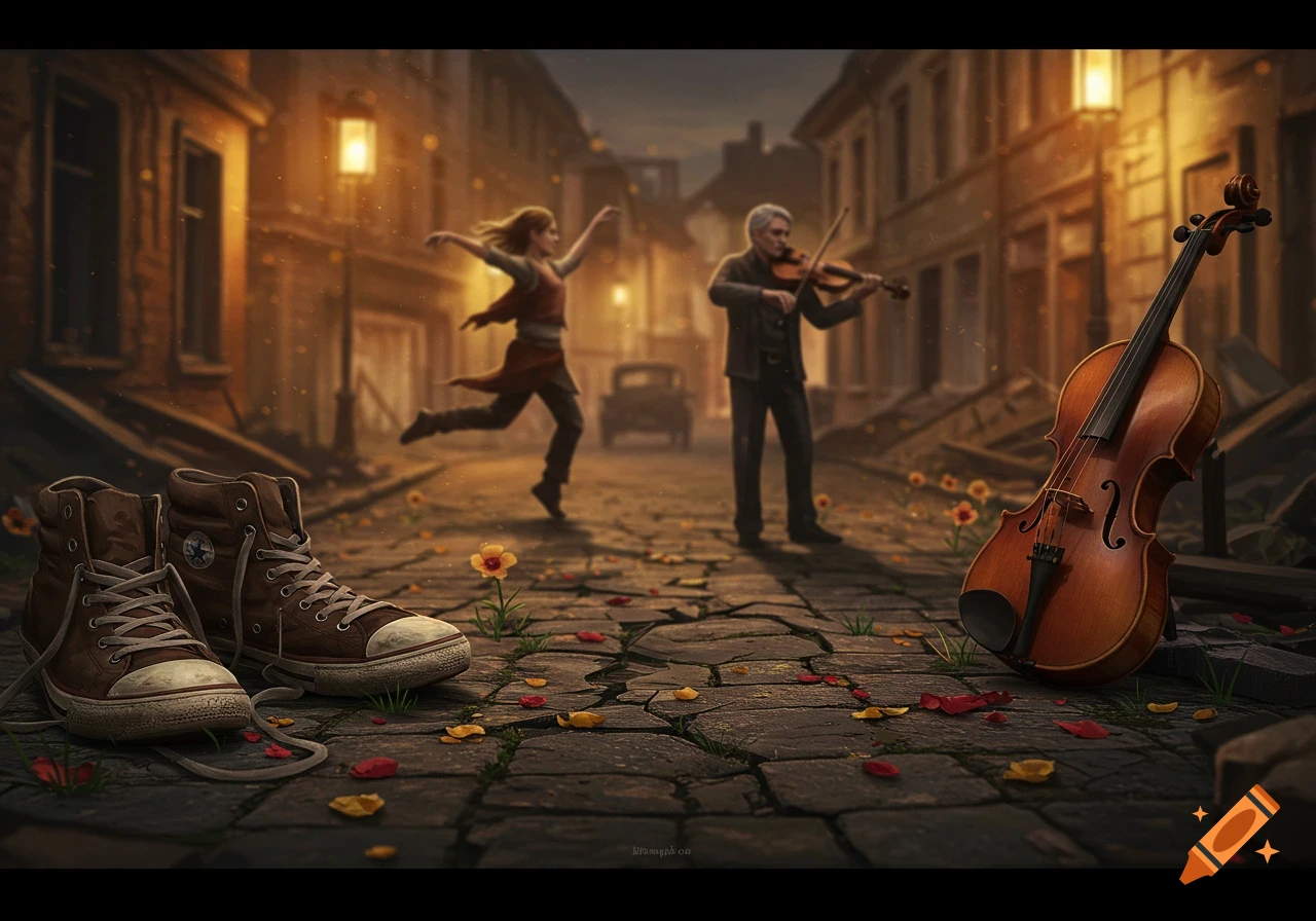 A nostalgic street scene at dusk with a pair of brown sneakers and a violin in the foreground. In the blurry background, a man plays violin while a woman dances, lit by streetlights.