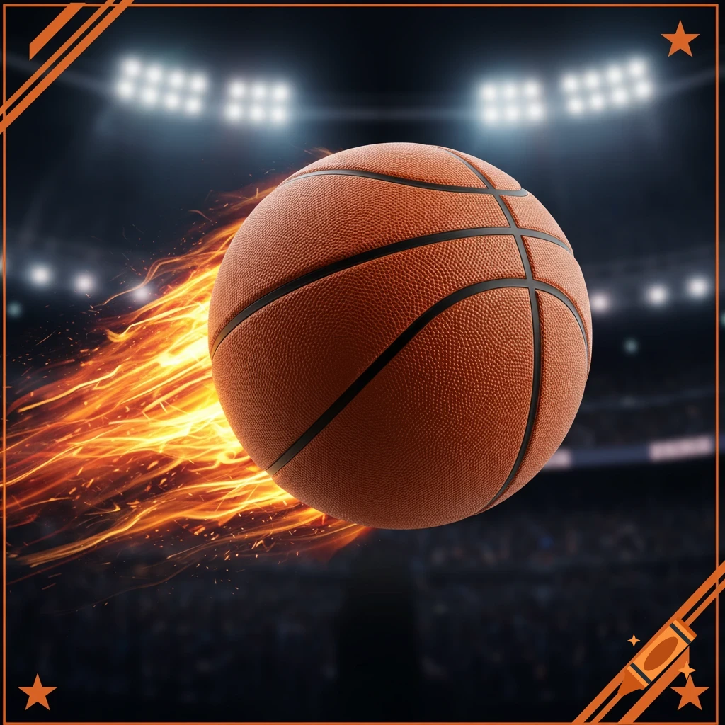 A fiery basketball streaks across a dark stadium with bright lights, framed by orange lines and stars.