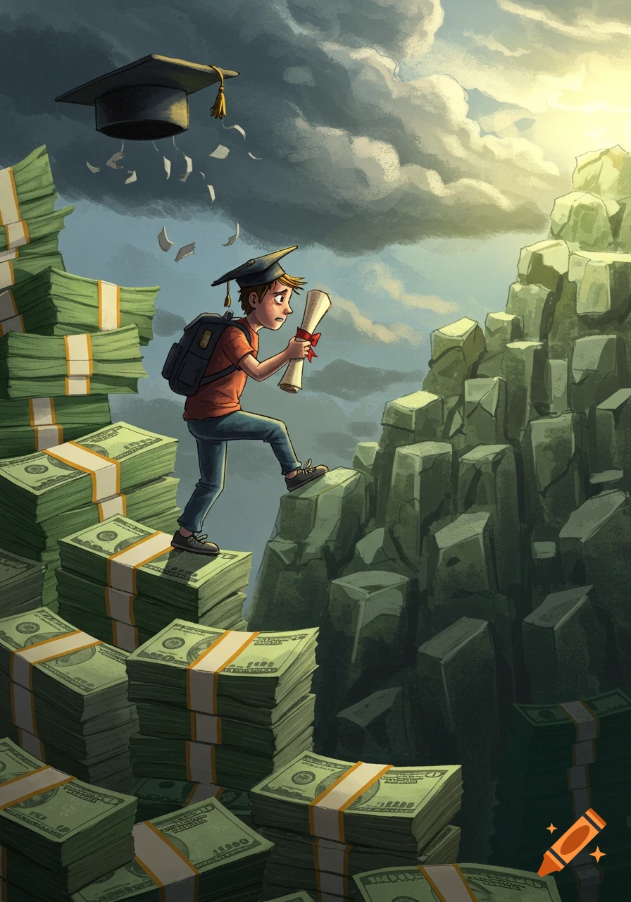 Cartoon student climbs a mountain of cash, holding a diploma, with a graduation cap flying off in a stormy sky.