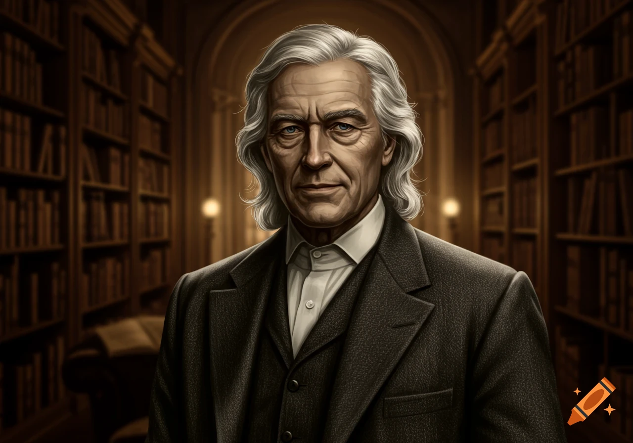 A detailed portrait of an older man with gray, wavy hair, wearing a suit, standing in a dimly lit library.