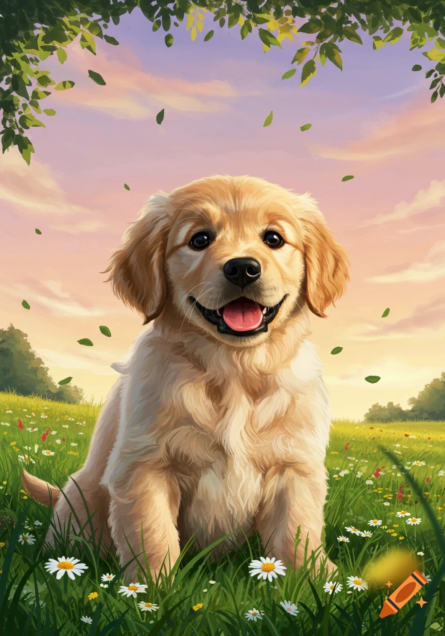 Happy golden retriever puppy sits in a field of daisies under green leaves at sunset, illustration.