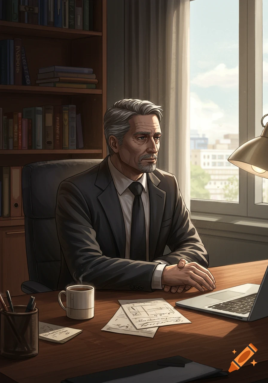 A professional-looking, grey-haired man in a suit sits at a desk in an office with books, a laptop, and a window view.
