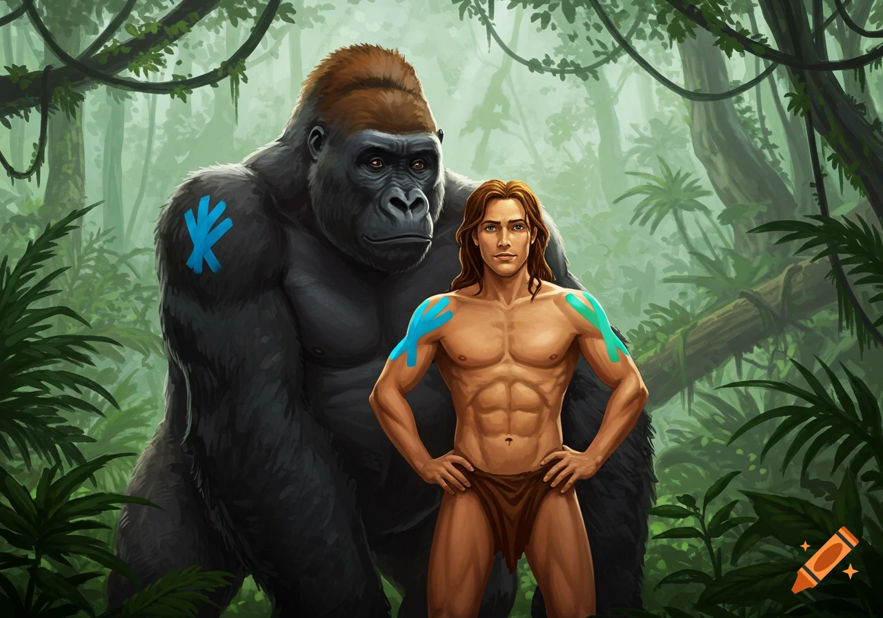 An illustration of Tarzan in a loincloth with blue and green markings, standing in a jungle next to a gorilla with a blue marking.