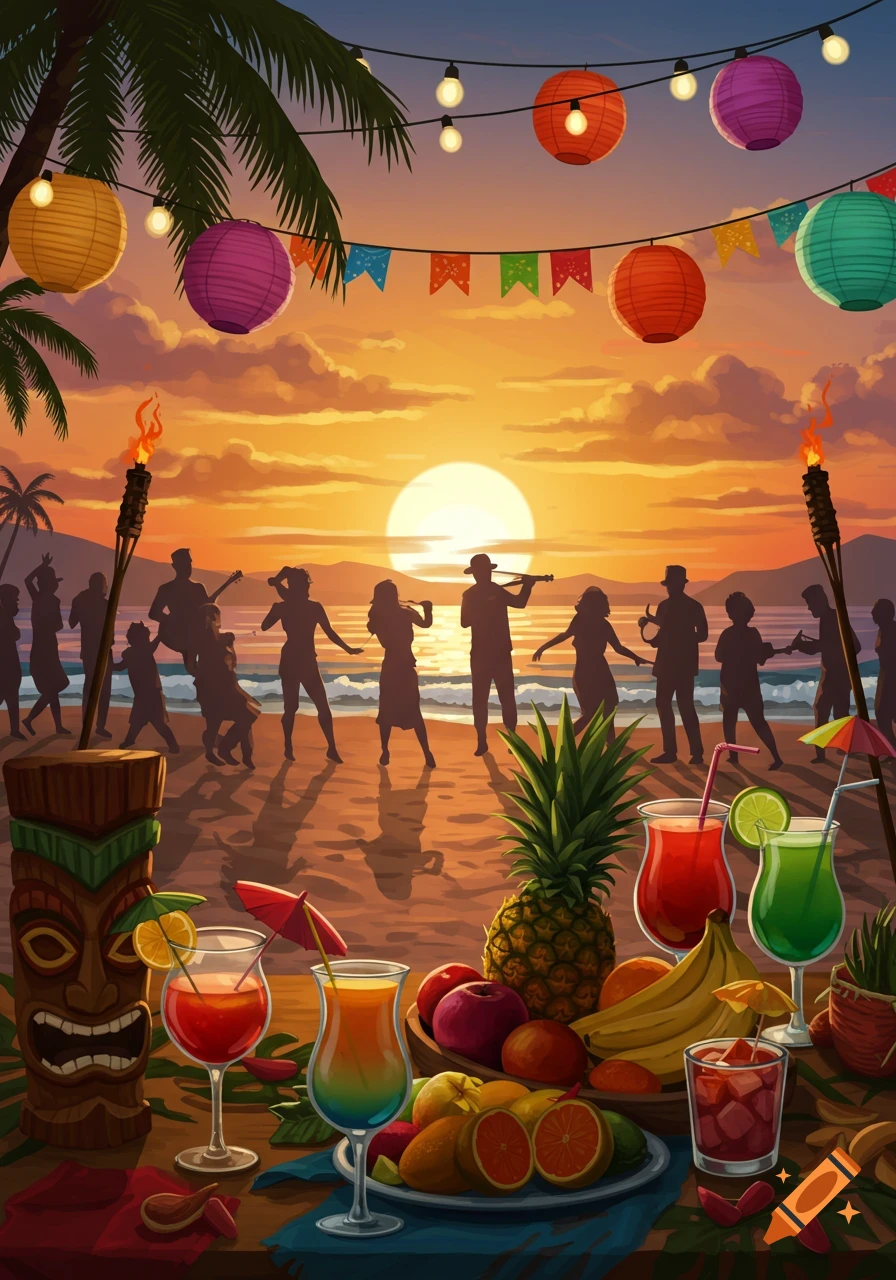 A vibrant illustration of a tropical beach party at sunset with dancing silhouettes, cocktails, and fruit on a table, under hanging lanterns.