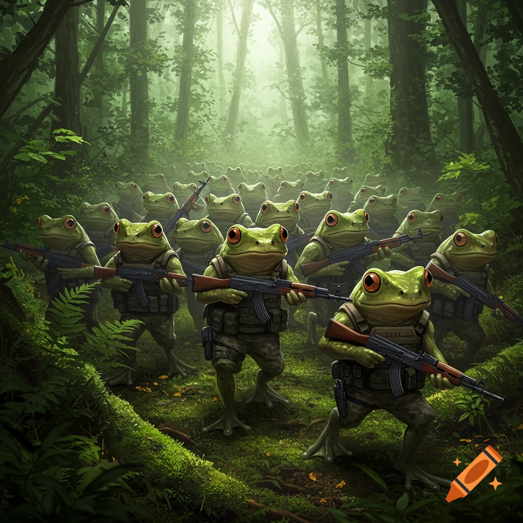 An army of frogs in military vests holding AK-47s marches through a dense, misty forest in a detailed digital art style.