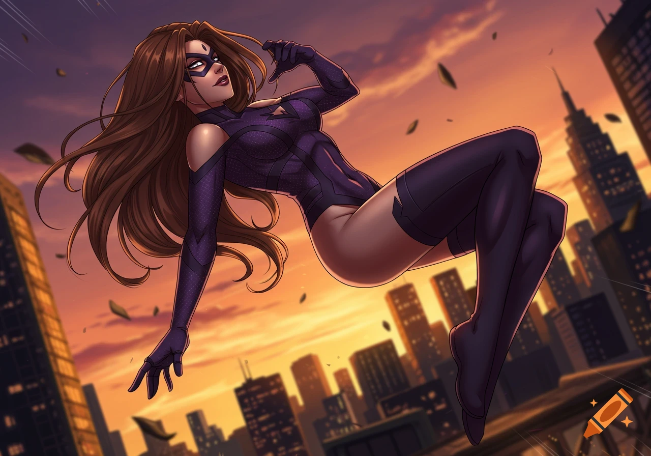 A brown-haired superhero woman in a purple and black suit and mask levitates over a city skyline at sunset in a comic art style.