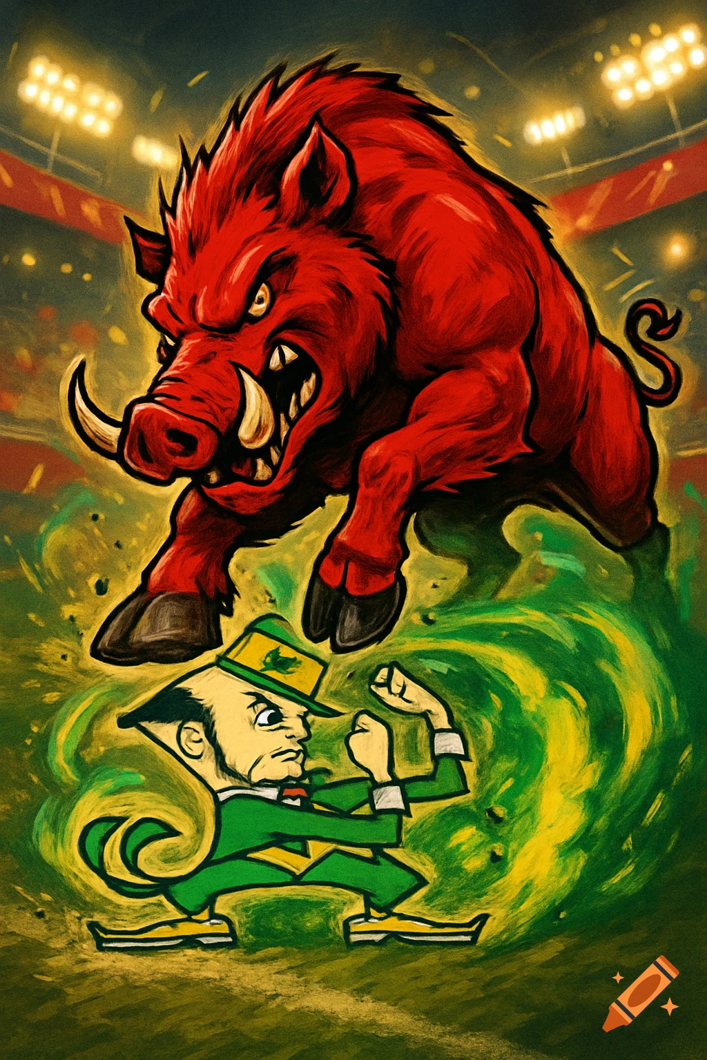 A red boar mascot menacingly looms over a fighting Irish man mascot in a stylized illustration with a sports stadium background.