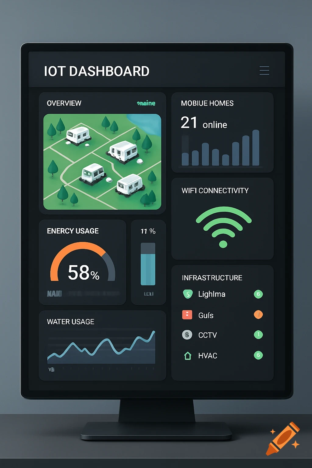 A monitor displaying a sleek, dark IoT dashboard interface for smart camping management, with charts, gauges, a map of camping plots, and various usage metrics.